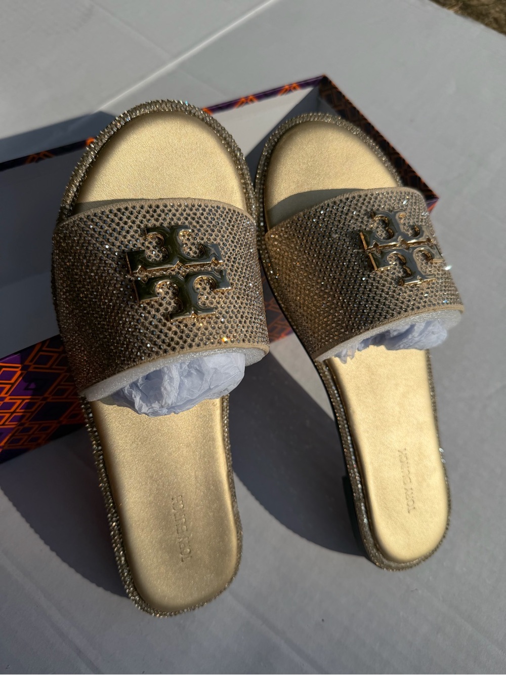 Tory Burch Everly Gold Shimmer Slide Sandals Women’s Size 7
